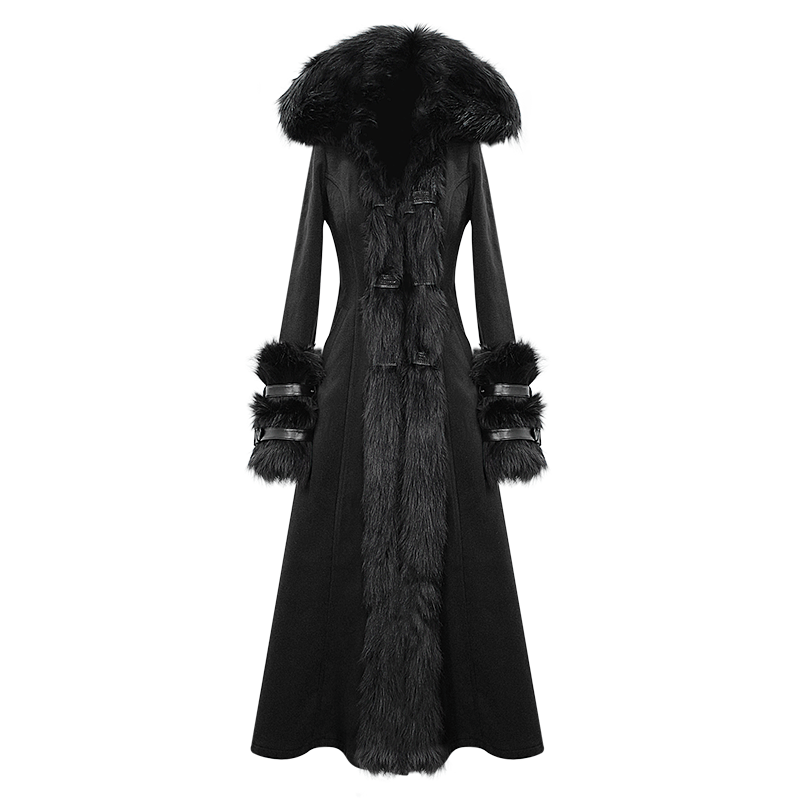 Women's Gothic Black Hooded Dresses With Detachable Fluffy Accessories