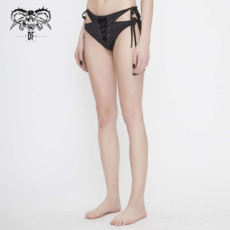 Women's Gothic Black Lace-up Detailed Bikini Bottoms