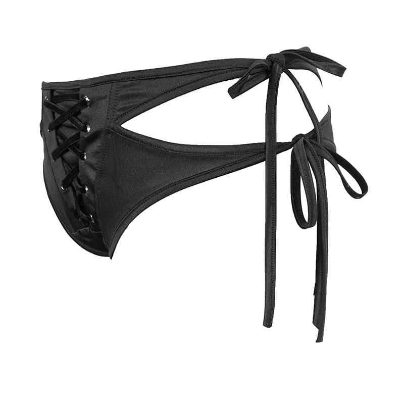 Women's Gothic Black Lace-up Detailed Bikini Bottoms