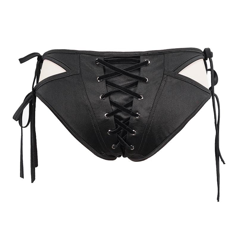 Women's Gothic Black Lace-up Detailed Bikini Bottoms