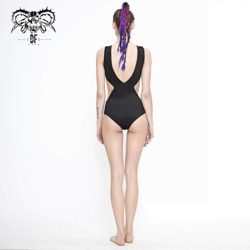 Women's Gothic Black Sleeveless Leotard Swimming Suit