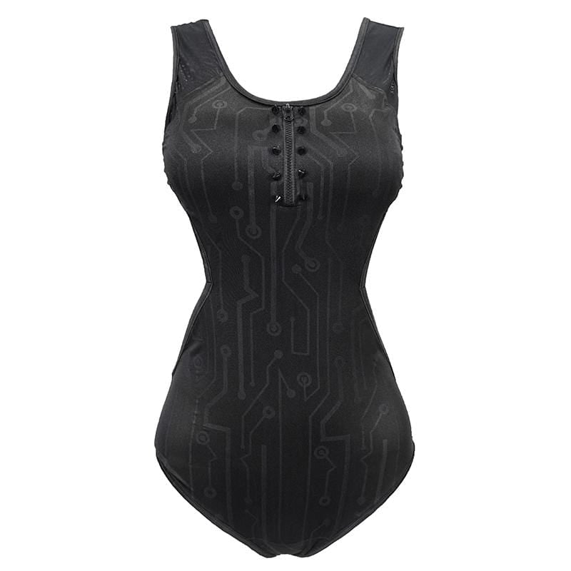 Women's Gothic Black Sleeveless Leotard Swimming Suit