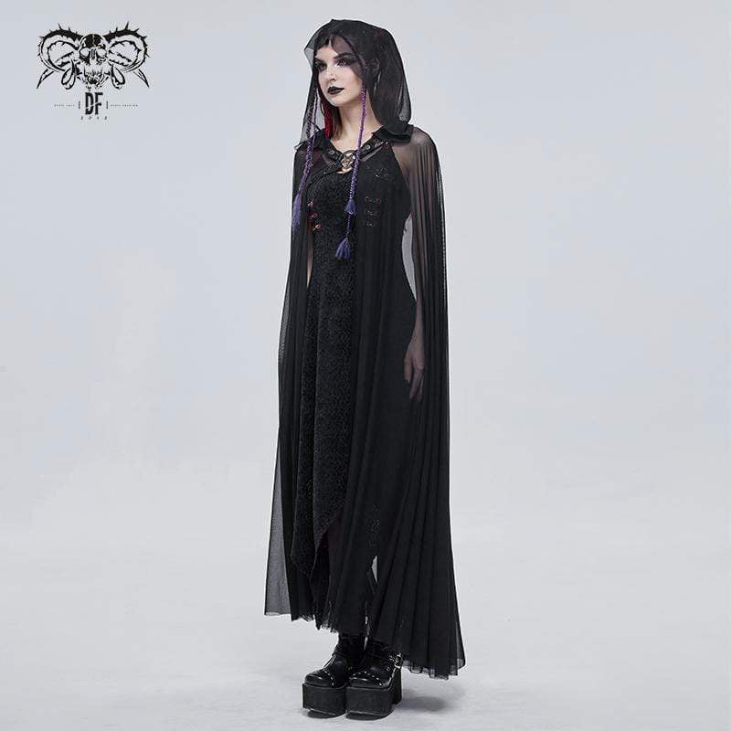 Women's Gothic Buckles Sheer Long Cloak with Hood