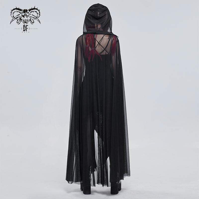 Women's Gothic Buckles Sheer Long Cloak with Hood