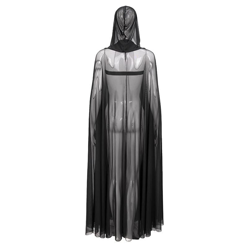 Women's Gothic Buckles Sheer Long Cloak with Hood