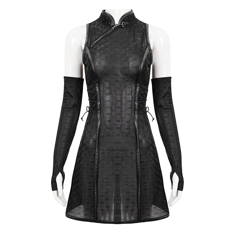 DEVIL FASHION Women's Gothic Cheongsam Collar Strappy Dress with Oversleeves