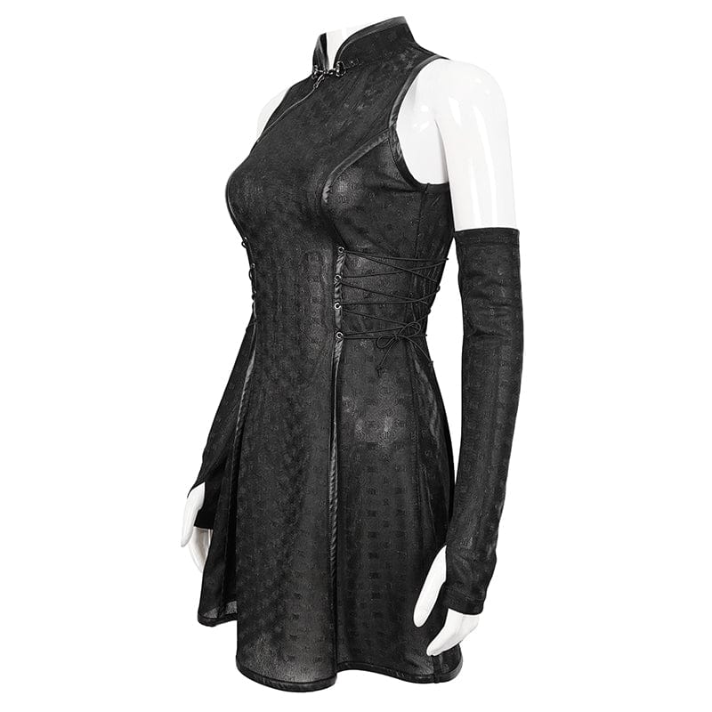 DEVIL FASHION Women's Gothic Cheongsam Collar Strappy Dress with Oversleeves