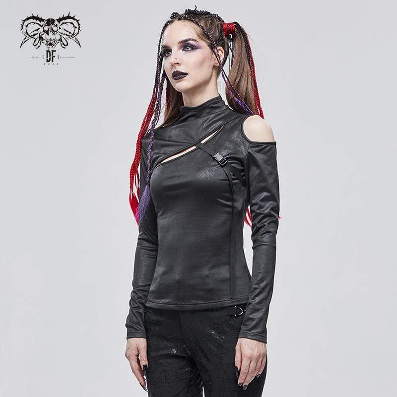 Women's Gothic Cutout Buckle Slim Fitted Top Black
