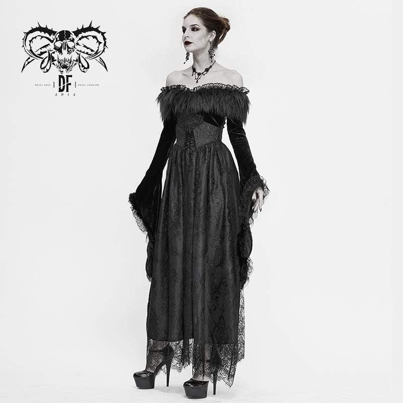Women's Gothic Faux Fur Off-shoulder Lace Dresses Wedding Dress
