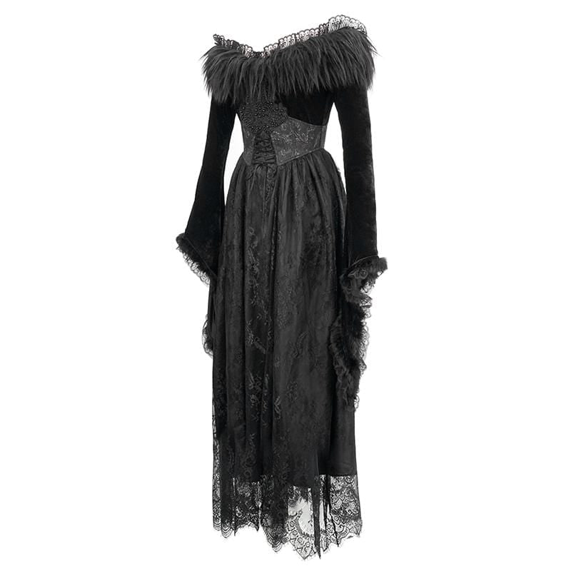 Women's Gothic Faux Fur Off-shoulder Lace Dresses Wedding Dress