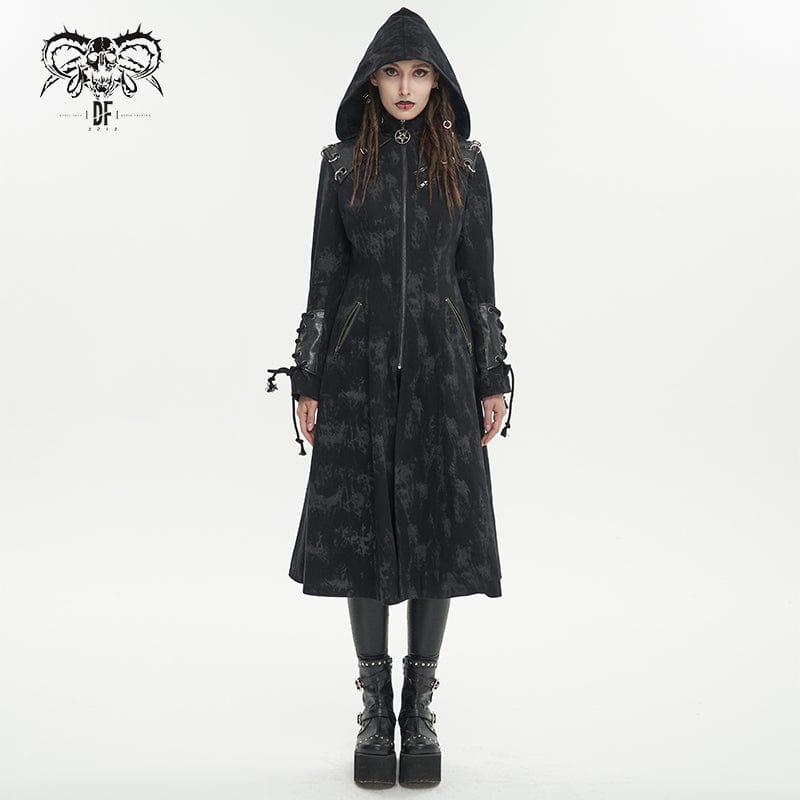 DEVIL FASHION Women's Gothic Faux Leather Splice Distressed Coat with Hood
