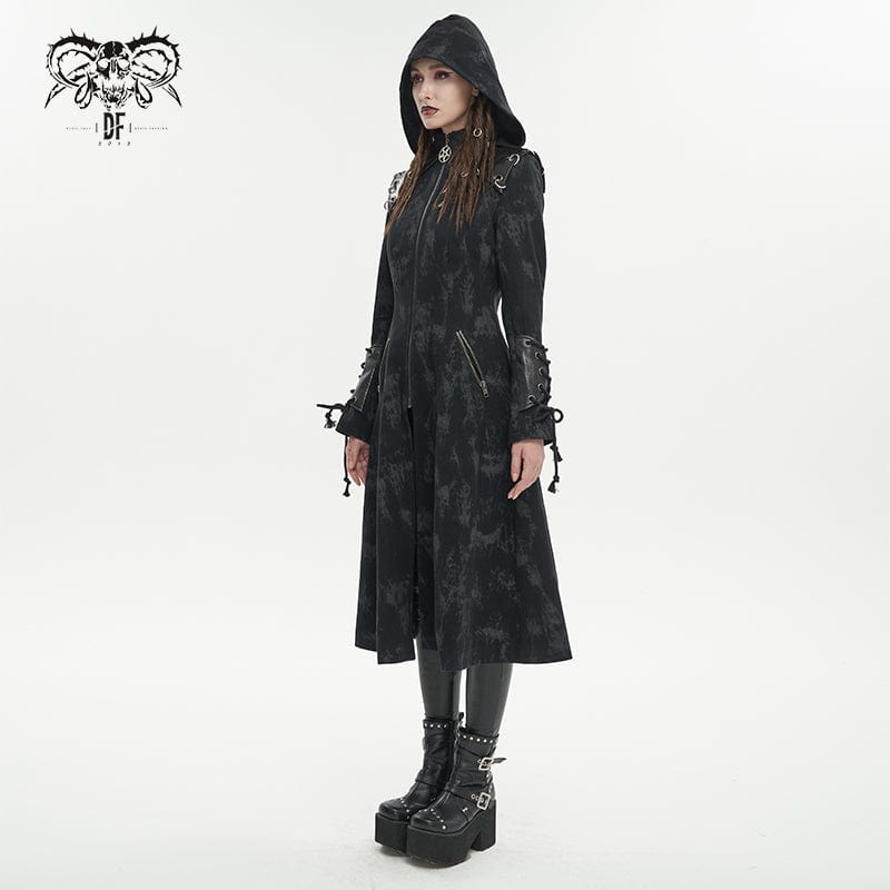 DEVIL FASHION Women's Gothic Faux Leather Splice Distressed Coat with Hood