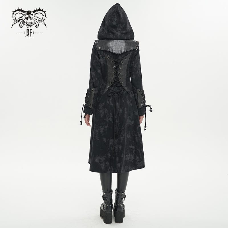 DEVIL FASHION Women's Gothic Faux Leather Splice Distressed Coat with Hood