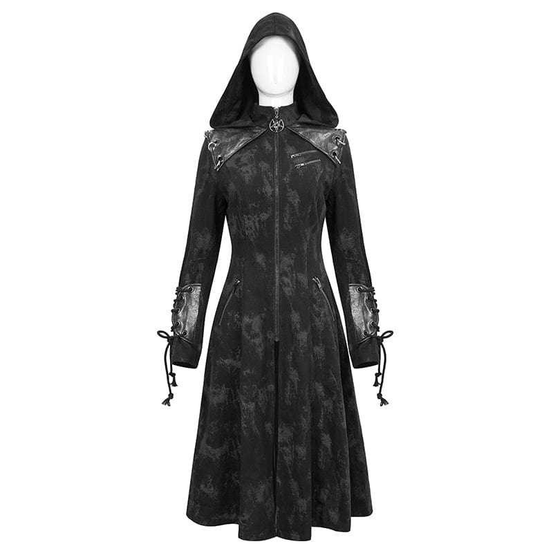 DEVIL FASHION Women's Gothic Faux Leather Splice Distressed Coat with Hood