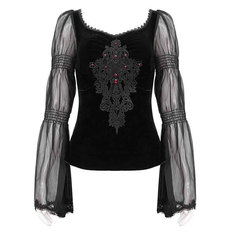 DEVIL FASHION Women's Gothic Flared Sleeved Floral Embroidered Shirt