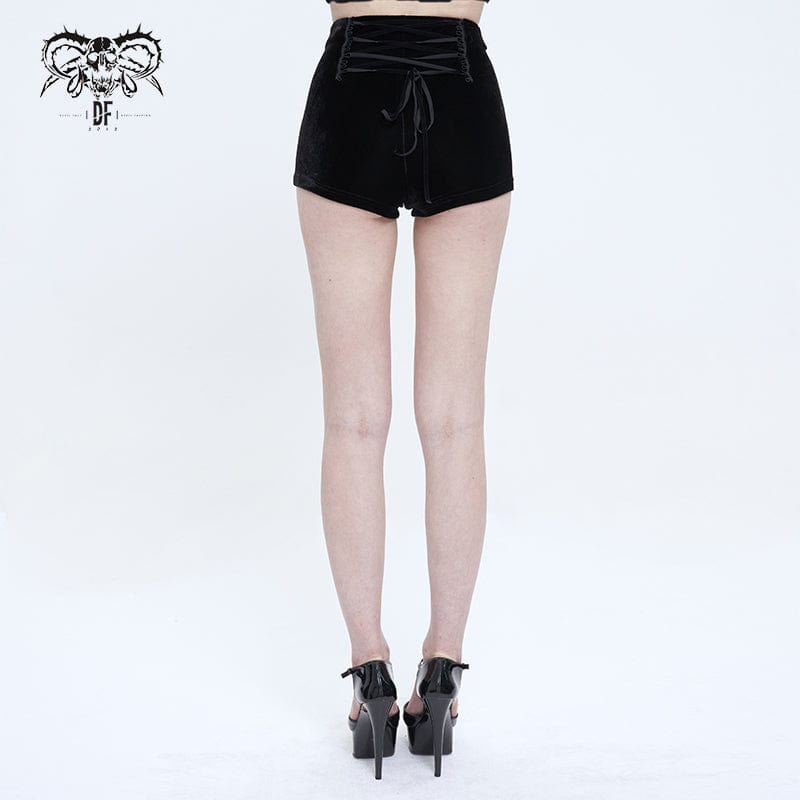 DEVIL FASHION Women's Gothic Floral Embroidered Chain Velvet Shorts