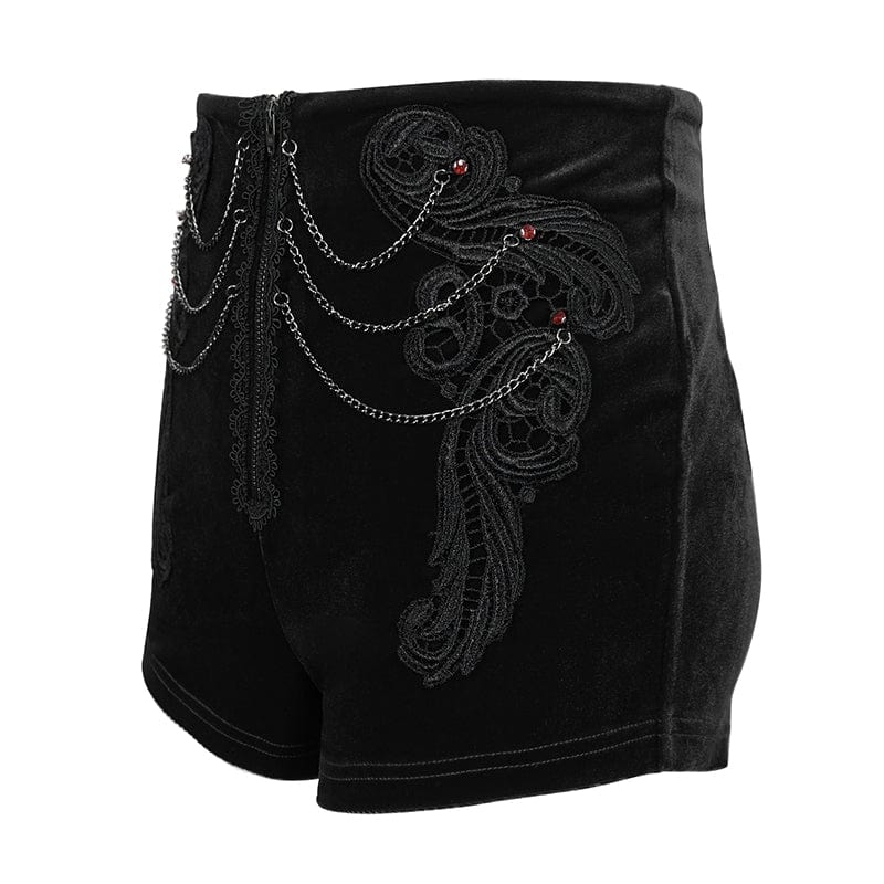 DEVIL FASHION Women's Gothic Floral Embroidered Chain Velvet Shorts