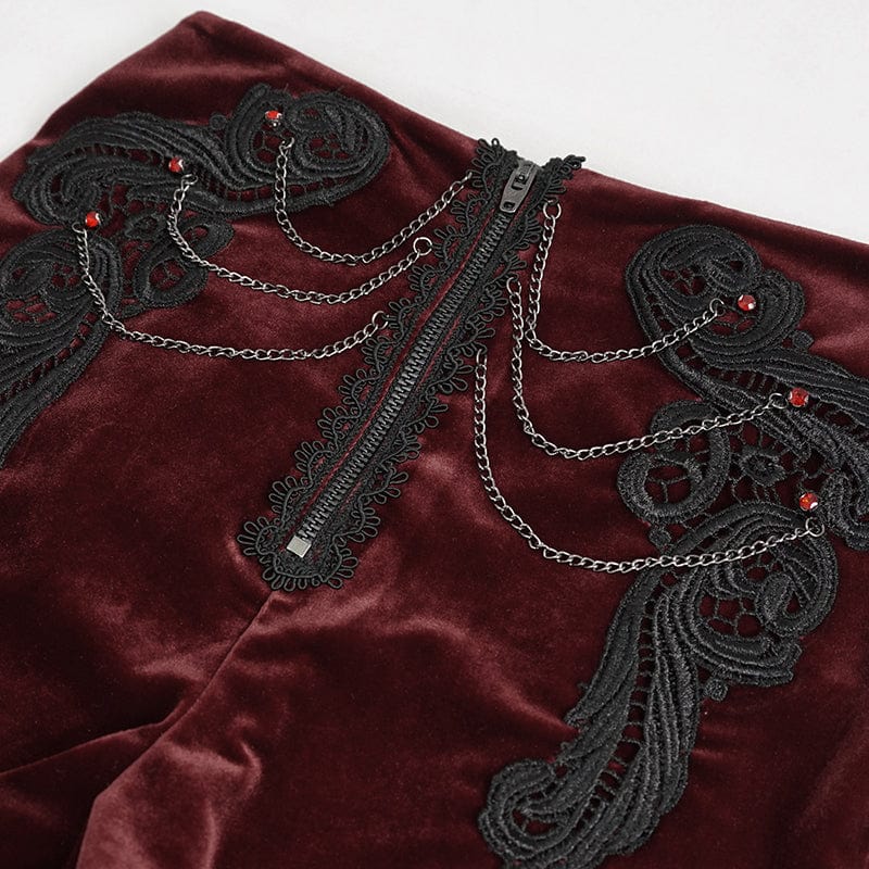 DEVIL FASHION Women's Gothic Floral Embroidered Chain Velvet Shorts Red