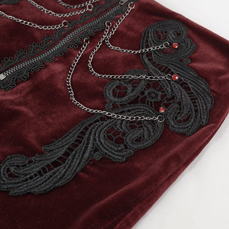 DEVIL FASHION Women's Gothic Floral Embroidered Chain Velvet Shorts Red