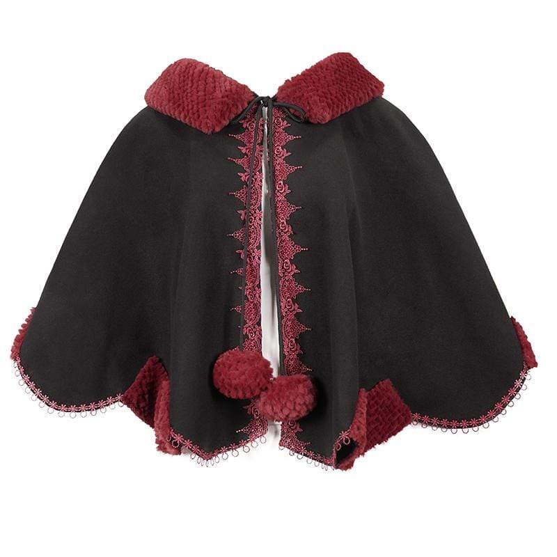 DEVIL FASHION Women's Gothic Floral Embroidered Splice Cape with Hood Black