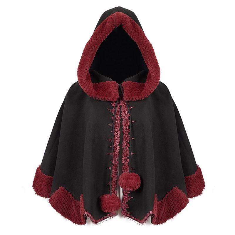 DEVIL FASHION Women's Gothic Floral Embroidered Splice Cape with Hood Black