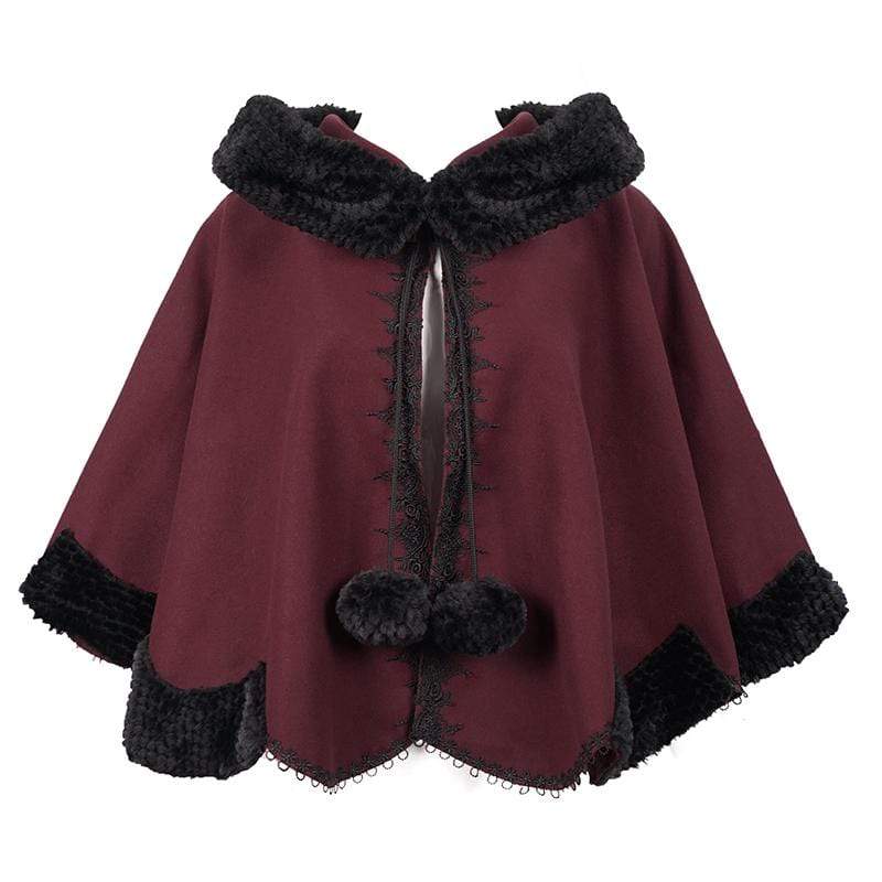 DEVIL FASHION Women's Gothic Floral Embroidered Splice Cape with Hood Red
