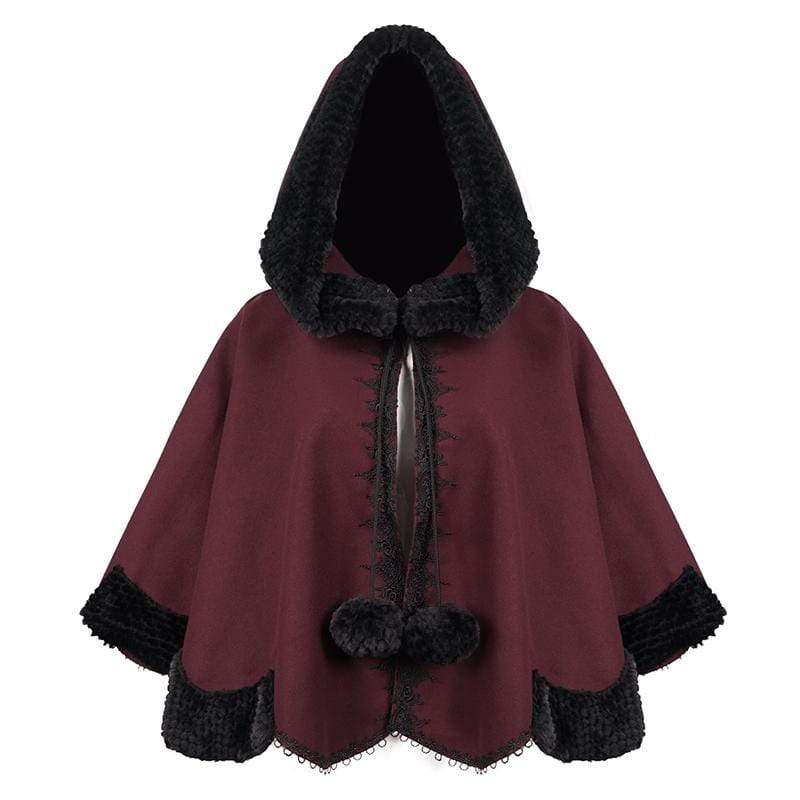 DEVIL FASHION Women's Gothic Floral Embroidered Splice Cape with Hood Red