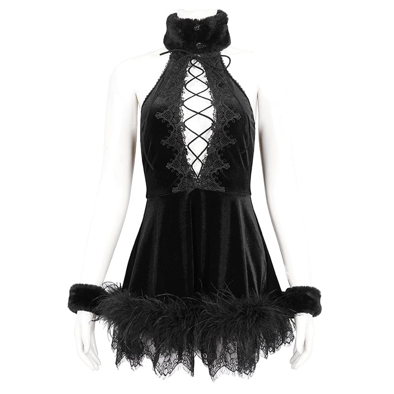 DEVIL FASHION Women's Gothic Halterneck Fluffy Splice Velvet Dress