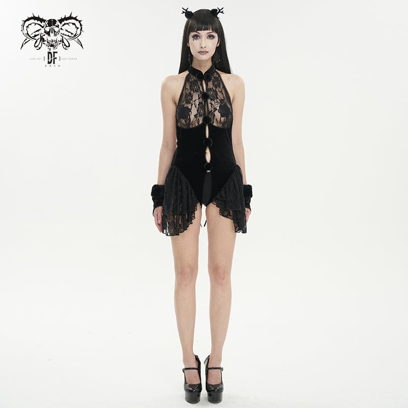 DEVIL FASHION Women's Gothic Halterneck Lace Splice Velvet Lingerie with Oversleeves