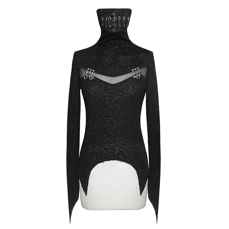 DEVIL FASHION Women's Gothic High Collar Mesh Jacquard Tops