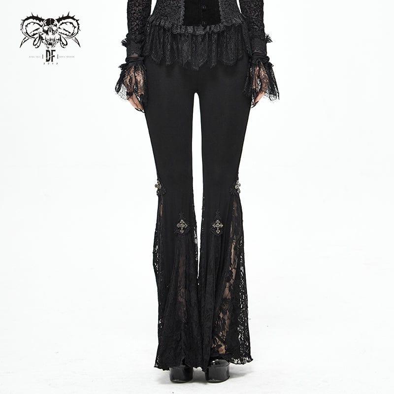 DEVIL FASHION Women's Gothic High-waisted Floral Lace Bell-bottoms