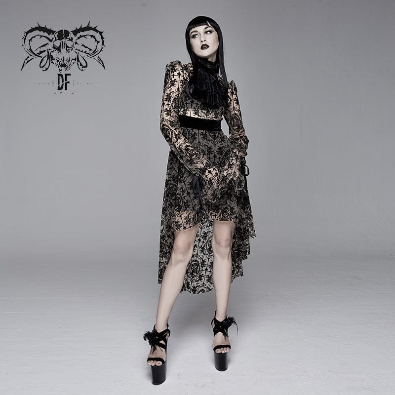 DEVIL FASHION Women's Gothic Irregular Floral Printed Mesh Dress with Neckwear