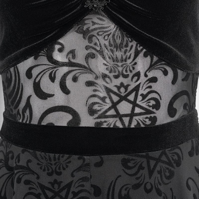 DEVIL FASHION Women's Gothic Irregular Mesh Splice Velvet Slip Dress