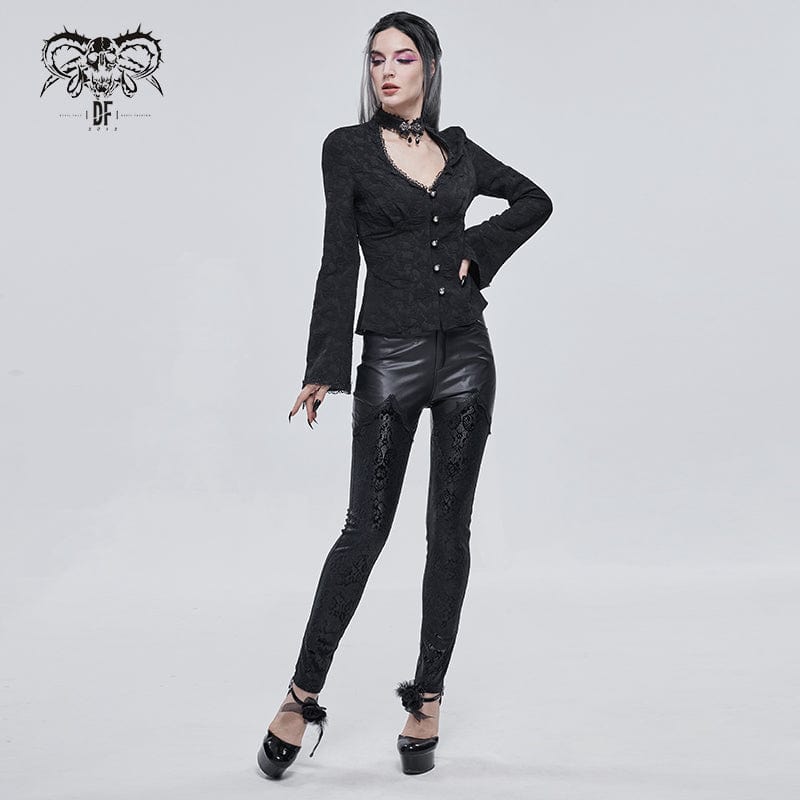 DEVIL FASHION Women's Gothic Lace Splice Faux Leather Leggings