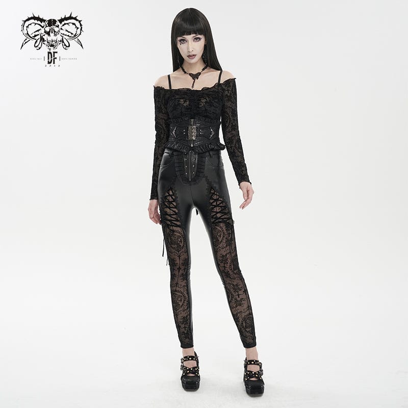 DEVIL FASHION Women's Gothic Lace Splice Faux Leather Leggings