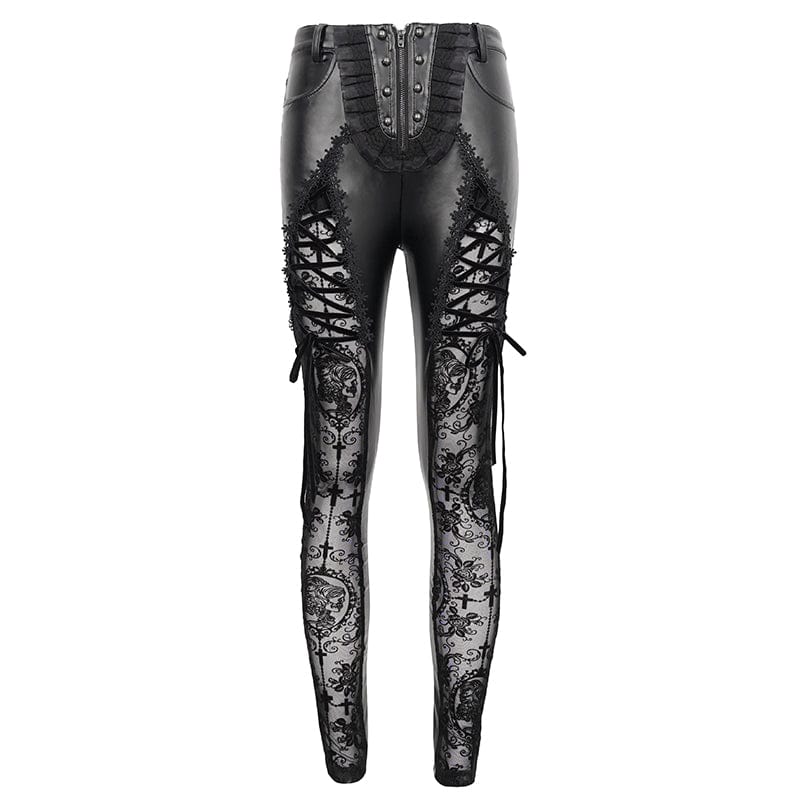 DEVIL FASHION Women's Gothic Lace Splice Faux Leather Leggings