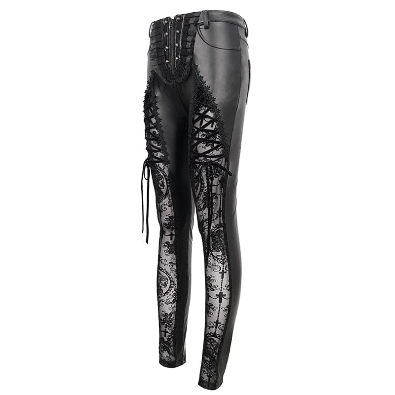 DEVIL FASHION Women's Gothic Lace Splice Faux Leather Leggings