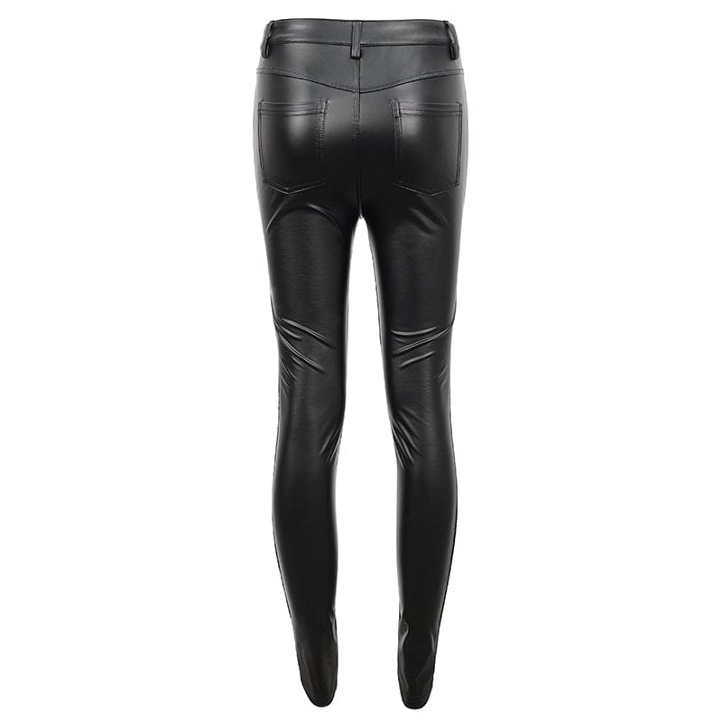DEVIL FASHION Women's Gothic Lace Splice Faux Leather Leggings