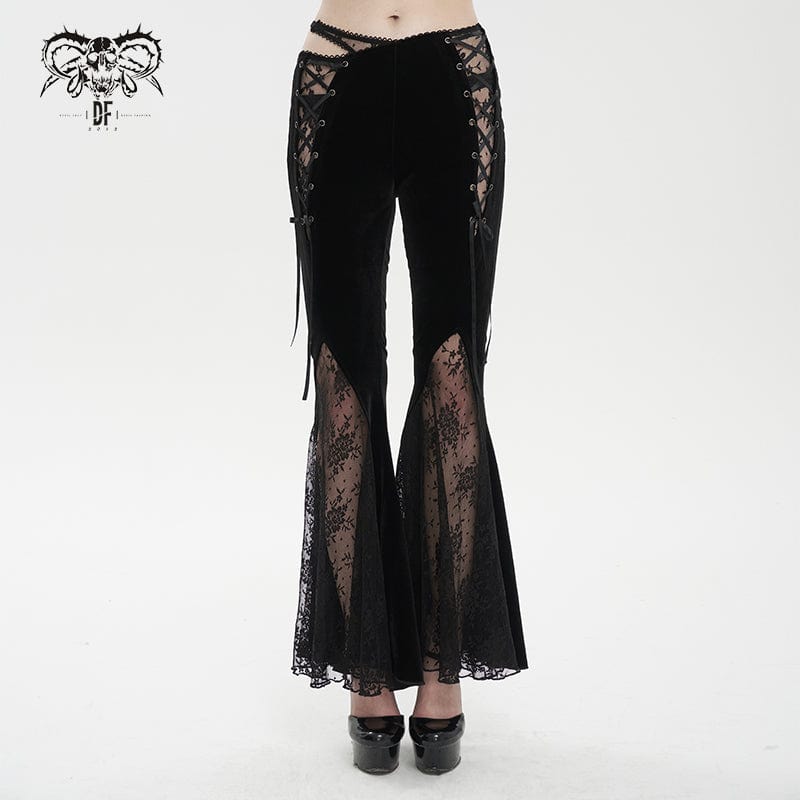 DEVIL FASHION Women's Gothic Lace Splice Velvet Flared Pants