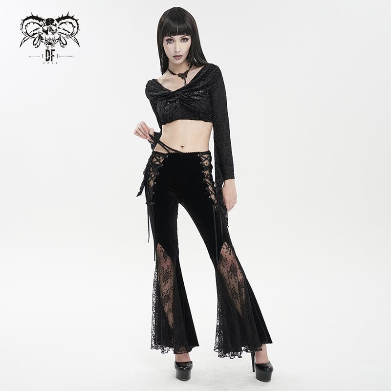 DEVIL FASHION Women's Gothic Lace Splice Velvet Flared Pants