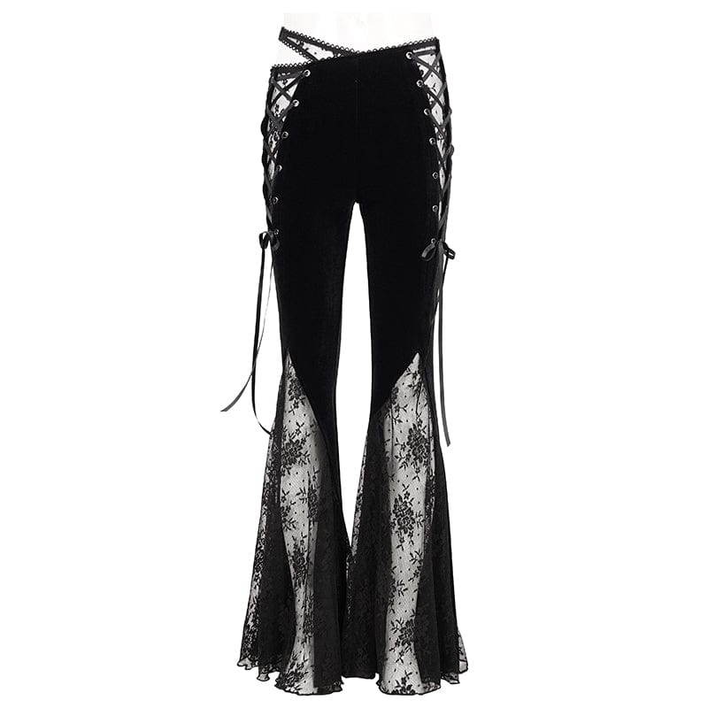 DEVIL FASHION Women's Gothic Lace Splice Velvet Flared Pants