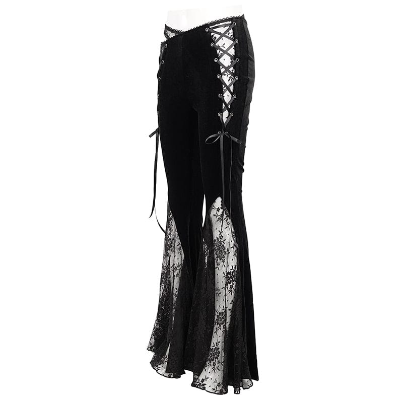 DEVIL FASHION Women's Gothic Lace Splice Velvet Flared Pants