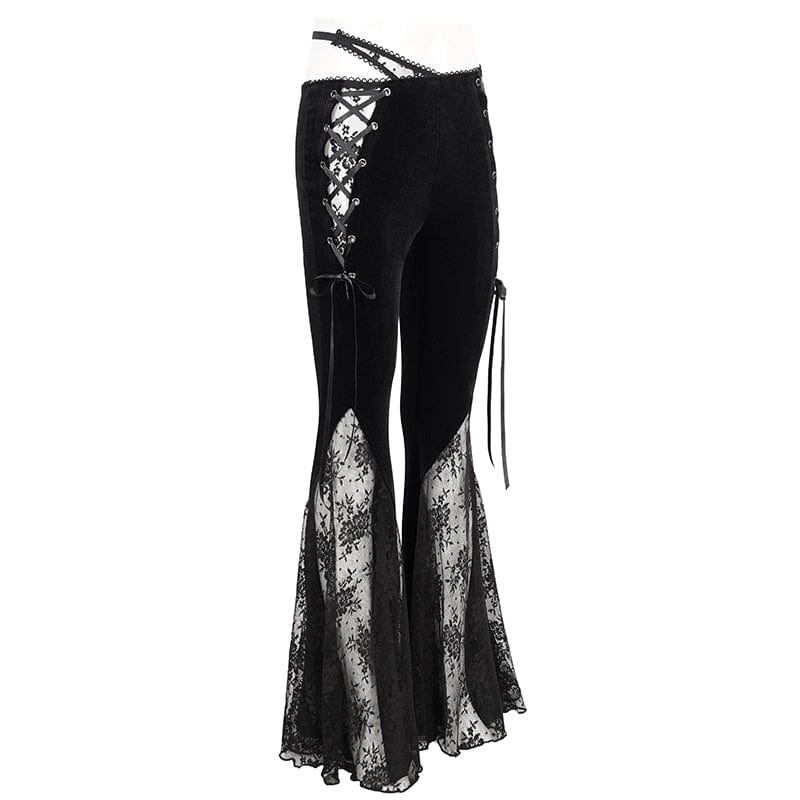 DEVIL FASHION Women's Gothic Lace Splice Velvet Flared Pants