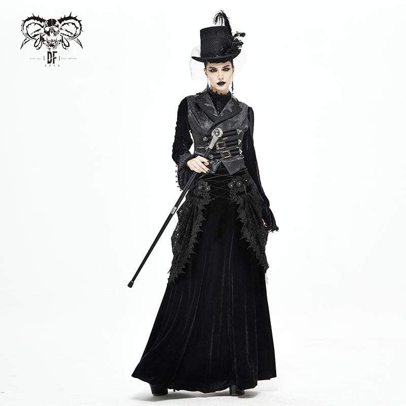 Women's Gothic Layered Floral Embroidered Black Long Skirt