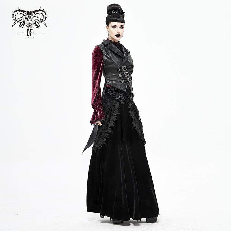 Women's Gothic Layered Floral Embroidered Black Long Skirt