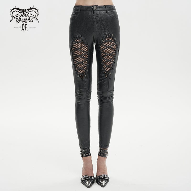 DEVIL FASHION Women's Gothic Mesh Splice Faux Leather Leggings