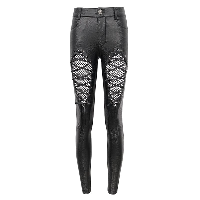 DEVIL FASHION Women's Gothic Mesh Splice Faux Leather Leggings