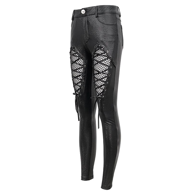 DEVIL FASHION Women's Gothic Mesh Splice Faux Leather Leggings