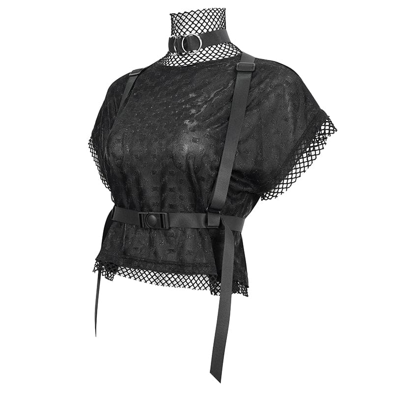 DEVIL FASHION Women's Gothic Mesh Splice Shirt with Buckle Strap