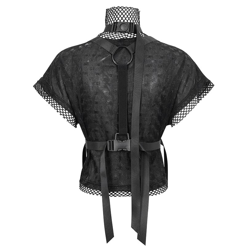 DEVIL FASHION Women's Gothic Mesh Splice Shirt with Buckle Strap
